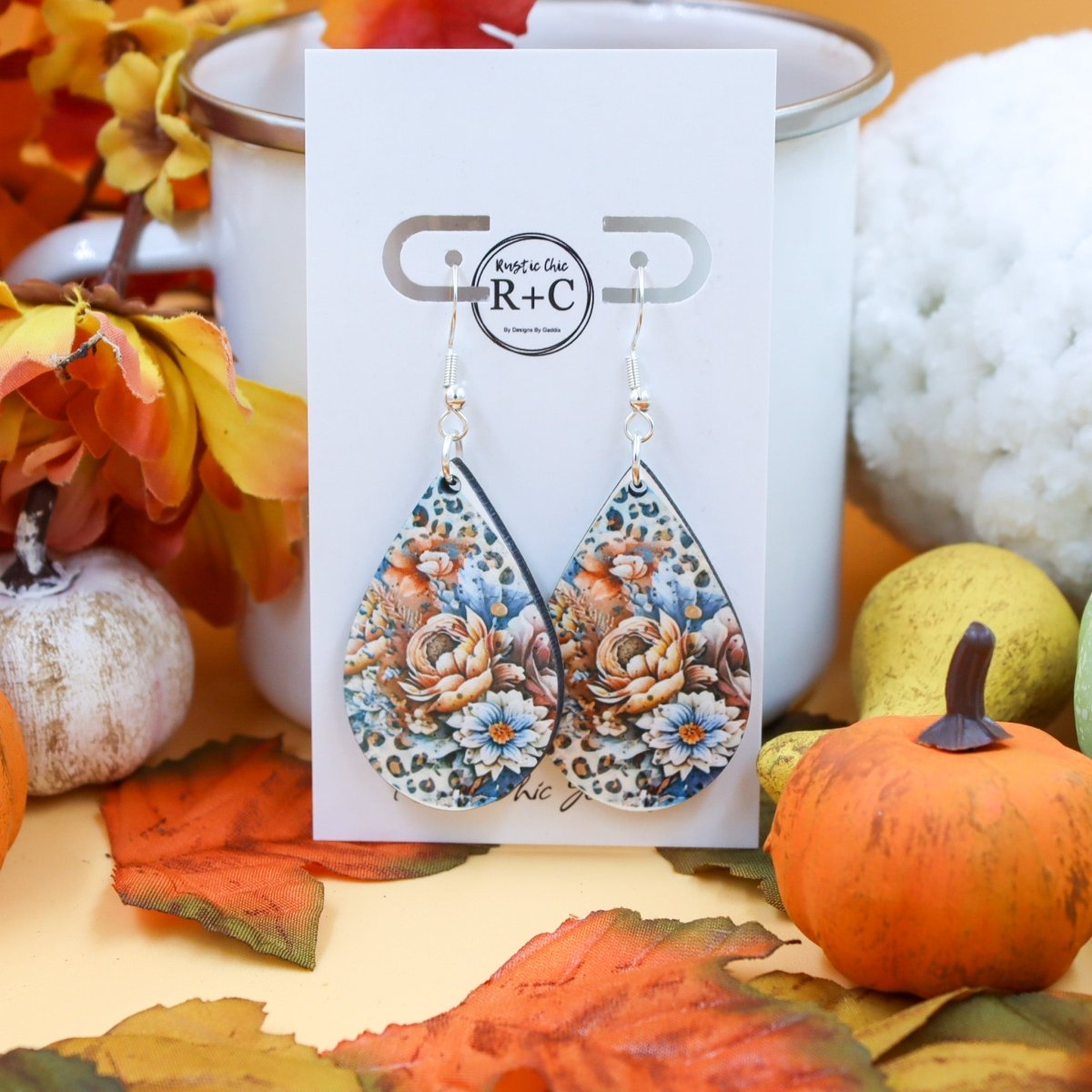 Rustic Chic by Designs By GaddisBlue Floral Sublimation Teardrop Drop Earrings