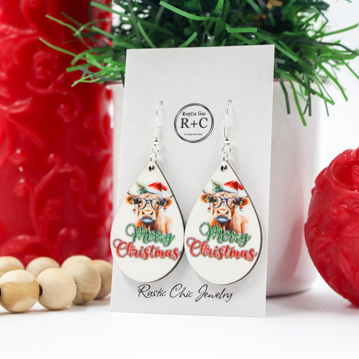 Rustic Chic by Designs By GaddisMerry Christmas Cow Teardrop Earrings