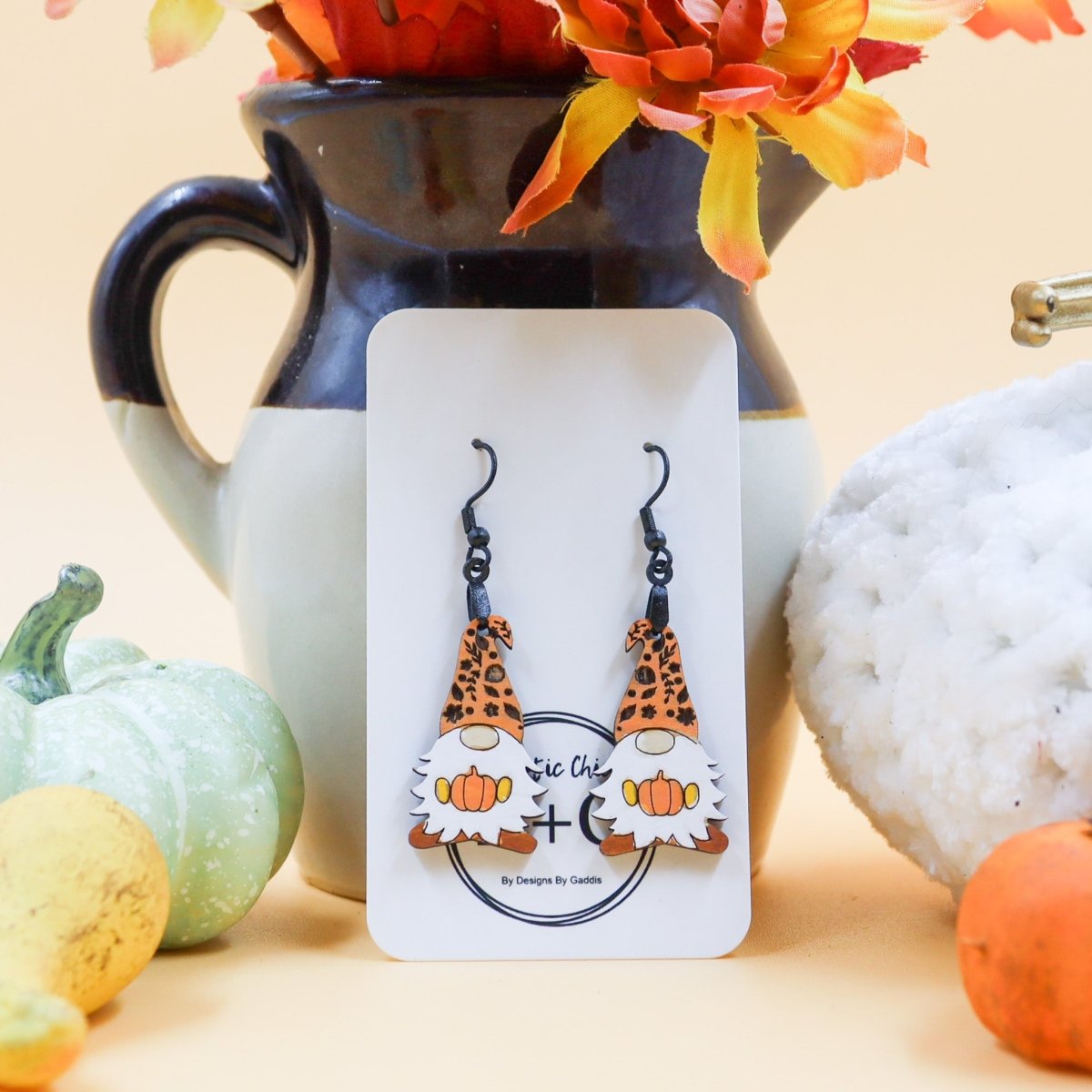 Rustic Chic by Designs By GaddisFall Pumpkin Leopard Gnome Drop Earrings