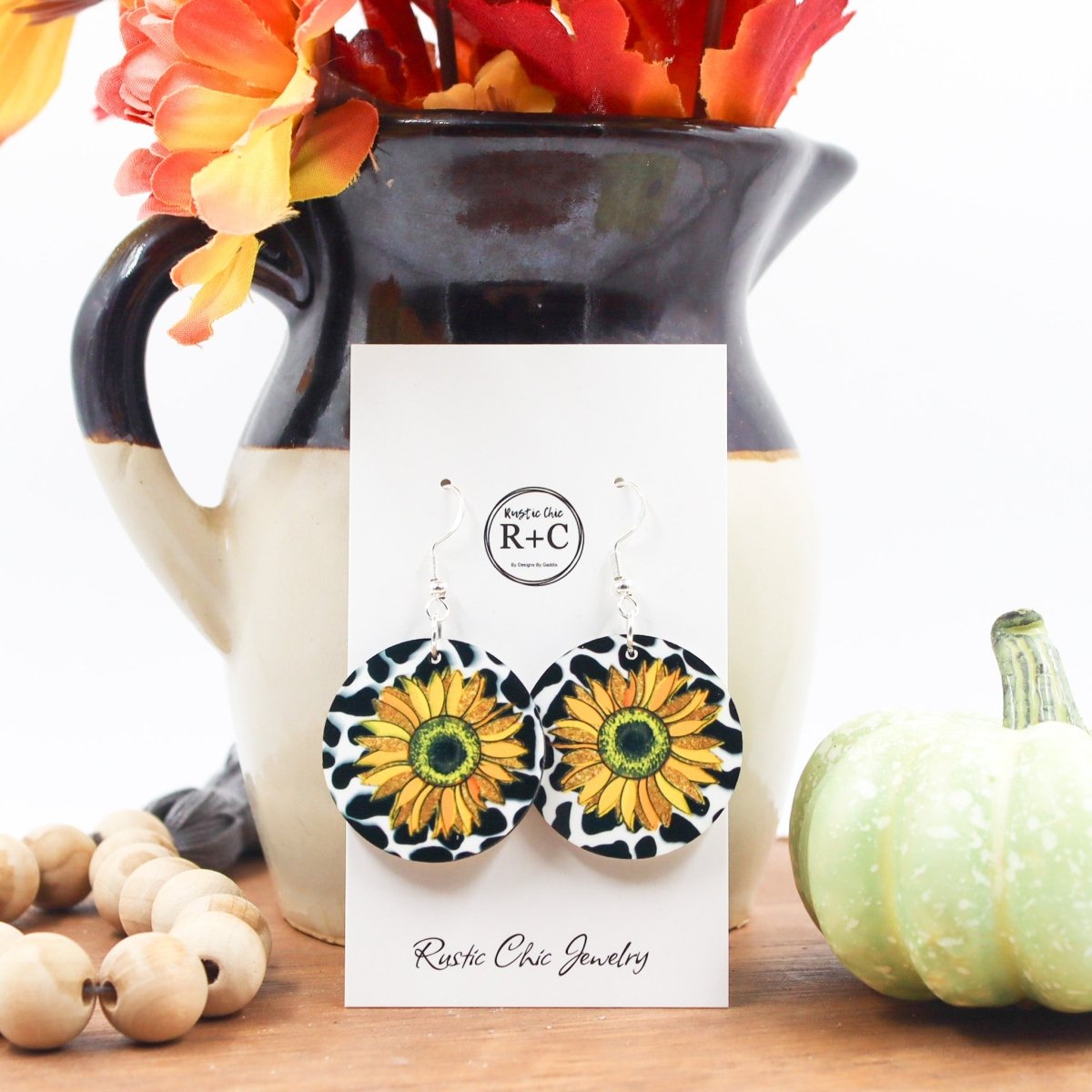 Rustic Chic by Designs By GaddisSunflower Cow Print Round Drop Earrings