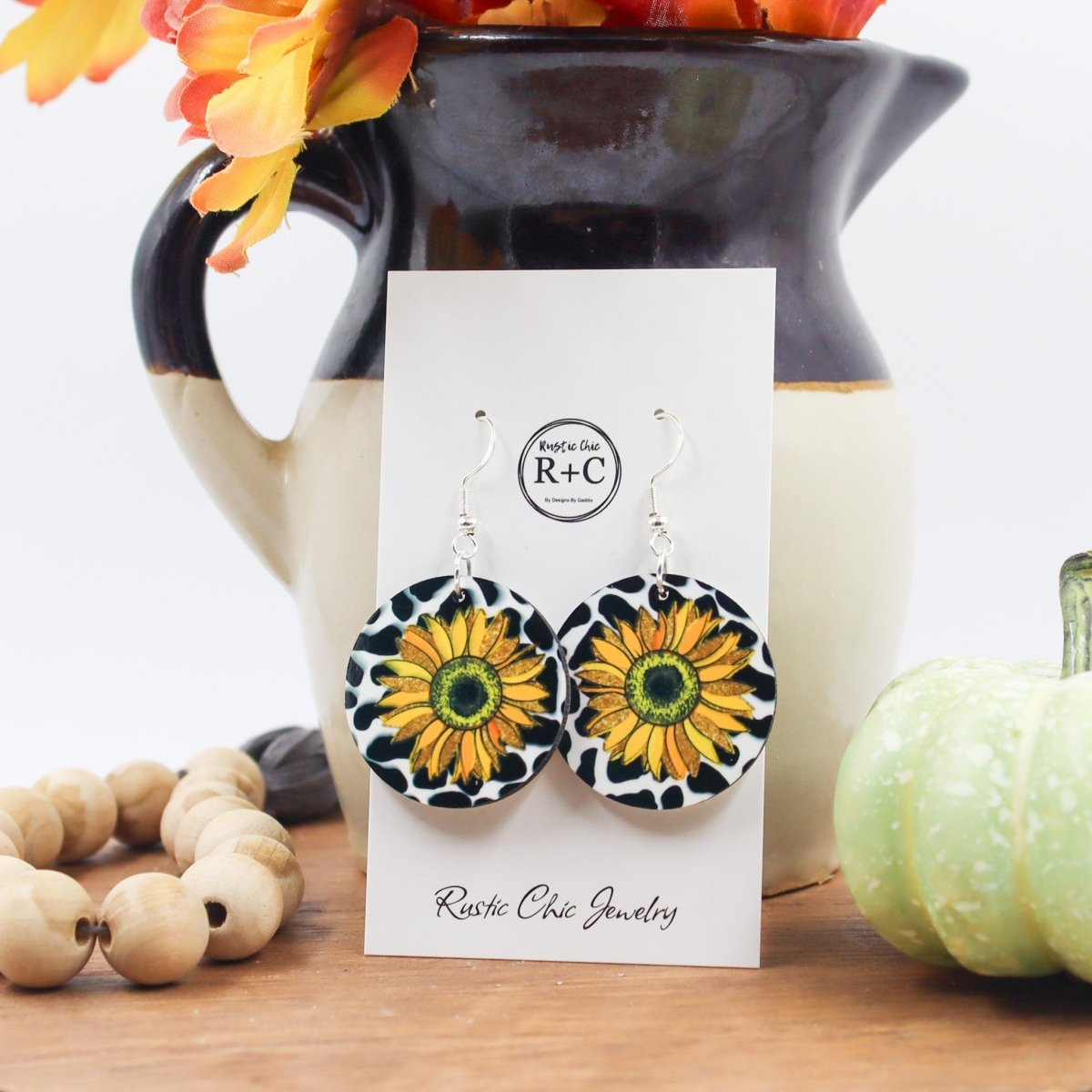 Rustic Chic by Designs By GaddisSunflower Cow Print Round Drop Earrings