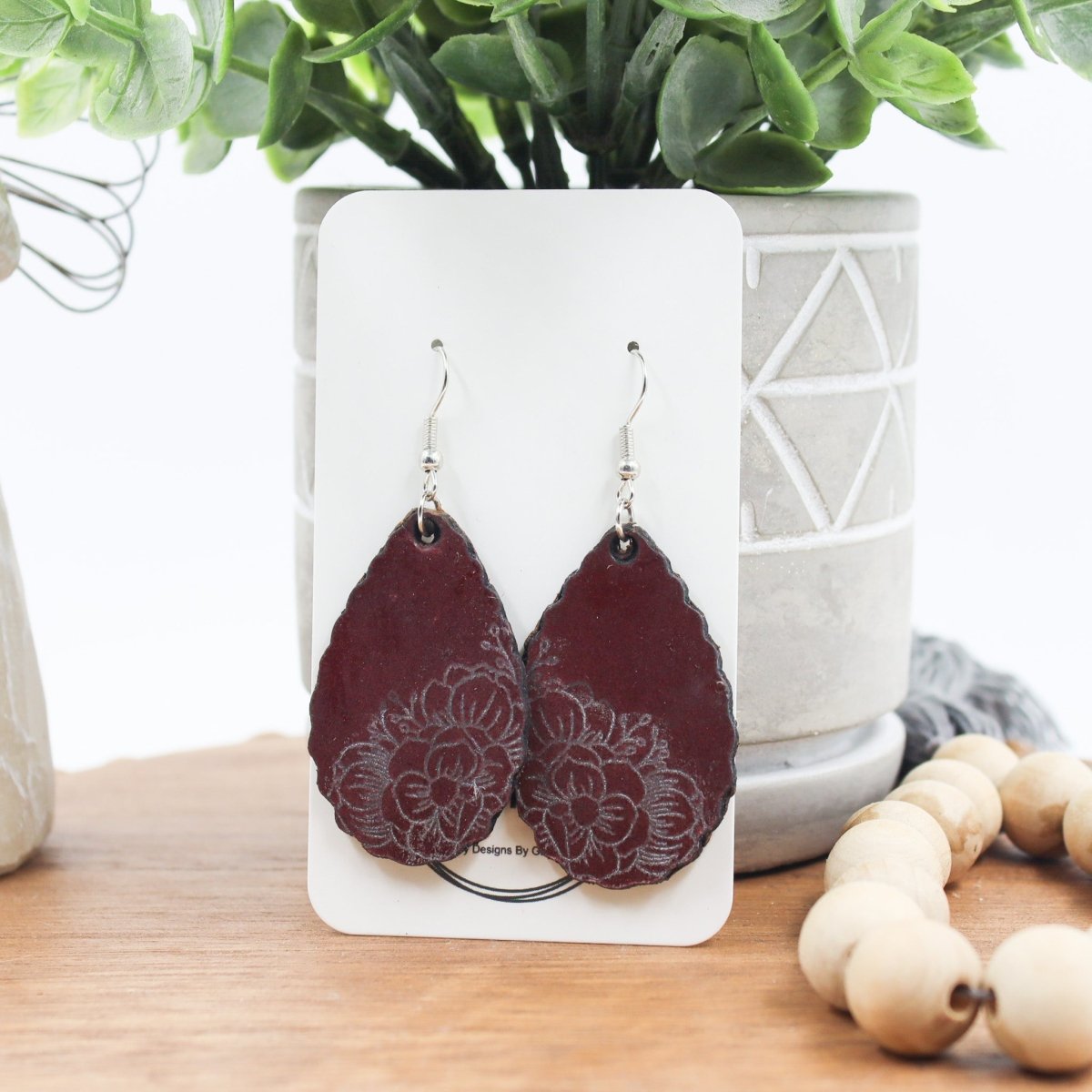 Rustic Chic by Designs By GaddisGenuine Leather Floral Scallop Teardrop Earring