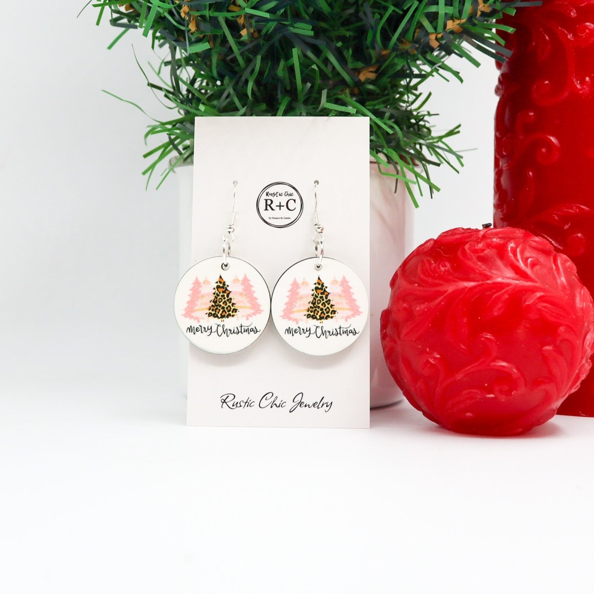 Rustic Chic by Designs By GaddisMerry Christmas Pink Round Drop Earrings