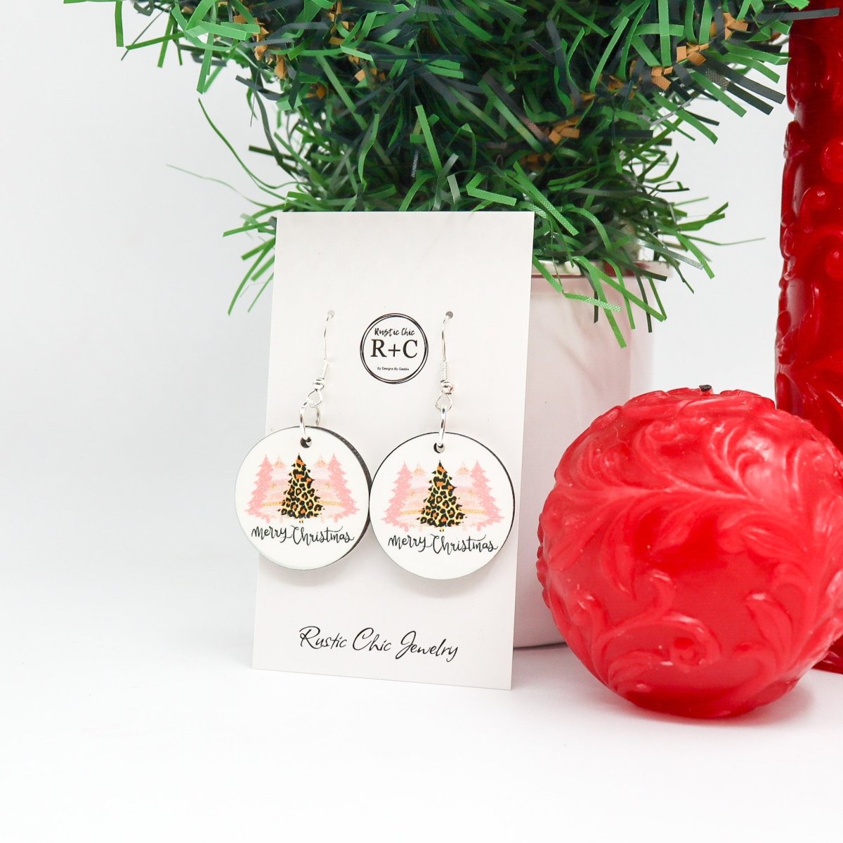 Rustic Chic by Designs By GaddisMerry Christmas Pink Round Drop Earrings