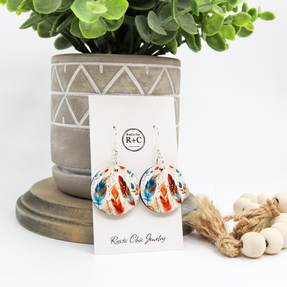 Rustic Chic by Designs By GaddisBoho Featjers Round Drop Earrings